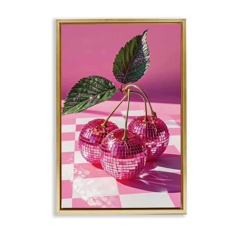Stupell Disco Cherries on Checkered Framed Floater Canvas Wall Art Design By LSR Design Studio - 21 x 31 - Gold