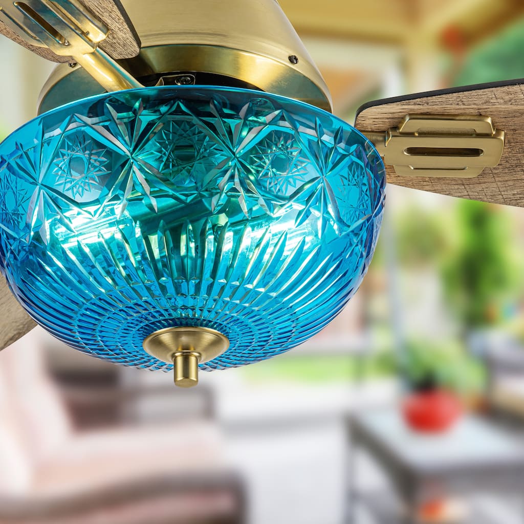 Maisie River of Goods 3-blade 42-inch Modern Indoor Ceiling Fan with Blue Hand-Cut Glass Globe Shade and Remote