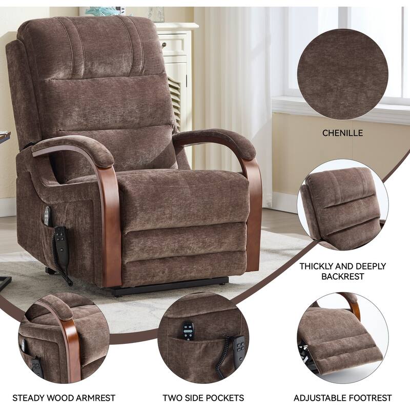 Dual Motor Power Lift Recliner Chair with Massage Heat and Wood Armrests