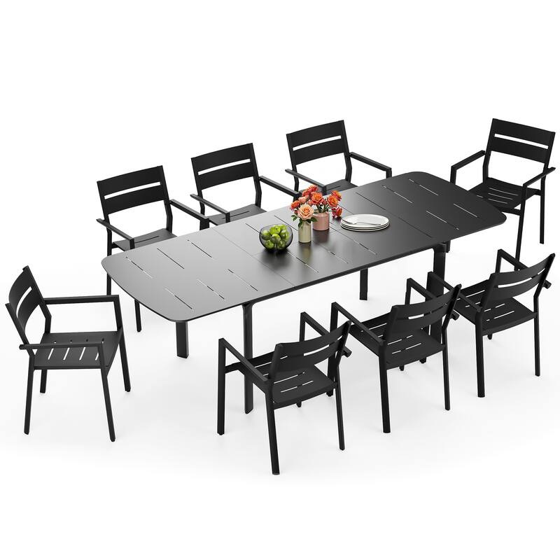 9-Piece Outdoor Patio Dining Set Extendable Rectangular Aluminum Dining Table with Chairs - Black with Armchairs