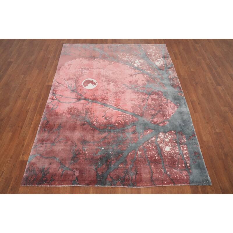 Hand Knotted Oriental Viscose Silk Carpet Modern Pictorial Pink Abstract Area Rug - 7' 2'' X 5' 3''