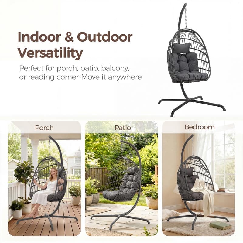 Oversized 1-Person Foldable Hanging Egg Chair - Wicker Swing Chair with Stand, Portable for Indoor Outdoor Patio
