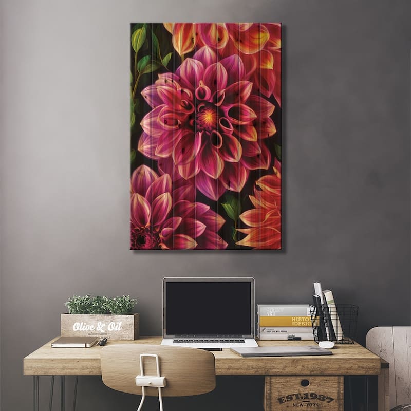 Dahlias In Pink And Orange Print On Wood by Jane Rix - Multi-Color