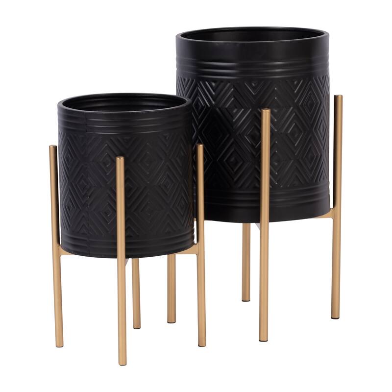 AZTEC PLANTER ON METAL STAND, BLACK/GOLD Set of 2 - Black