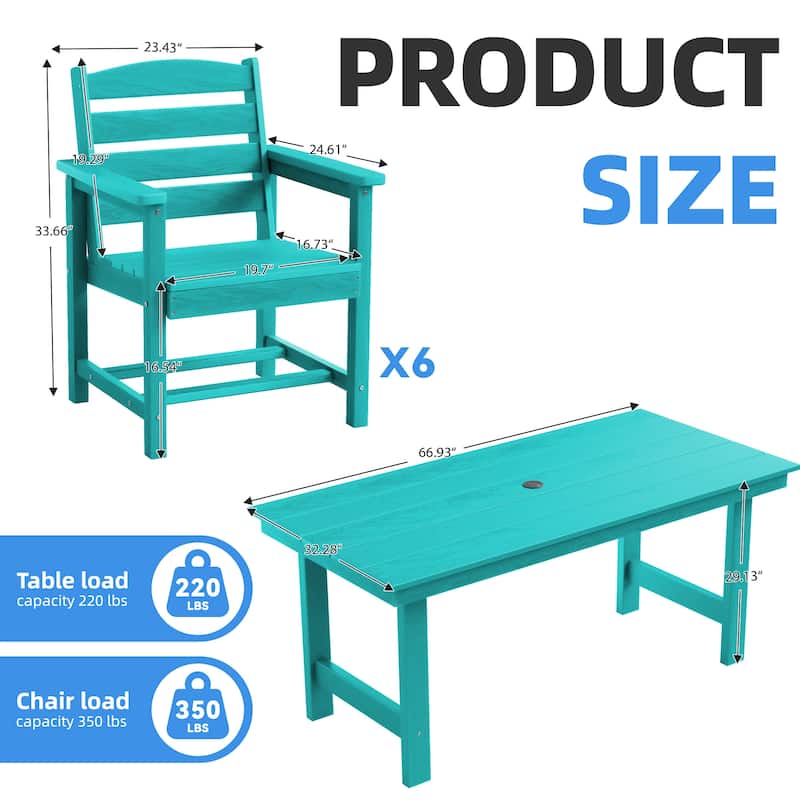 7-Piece HDPE Outdoor Dining Table Sets with Umbrella Hole - 1-Table 6-Chairs