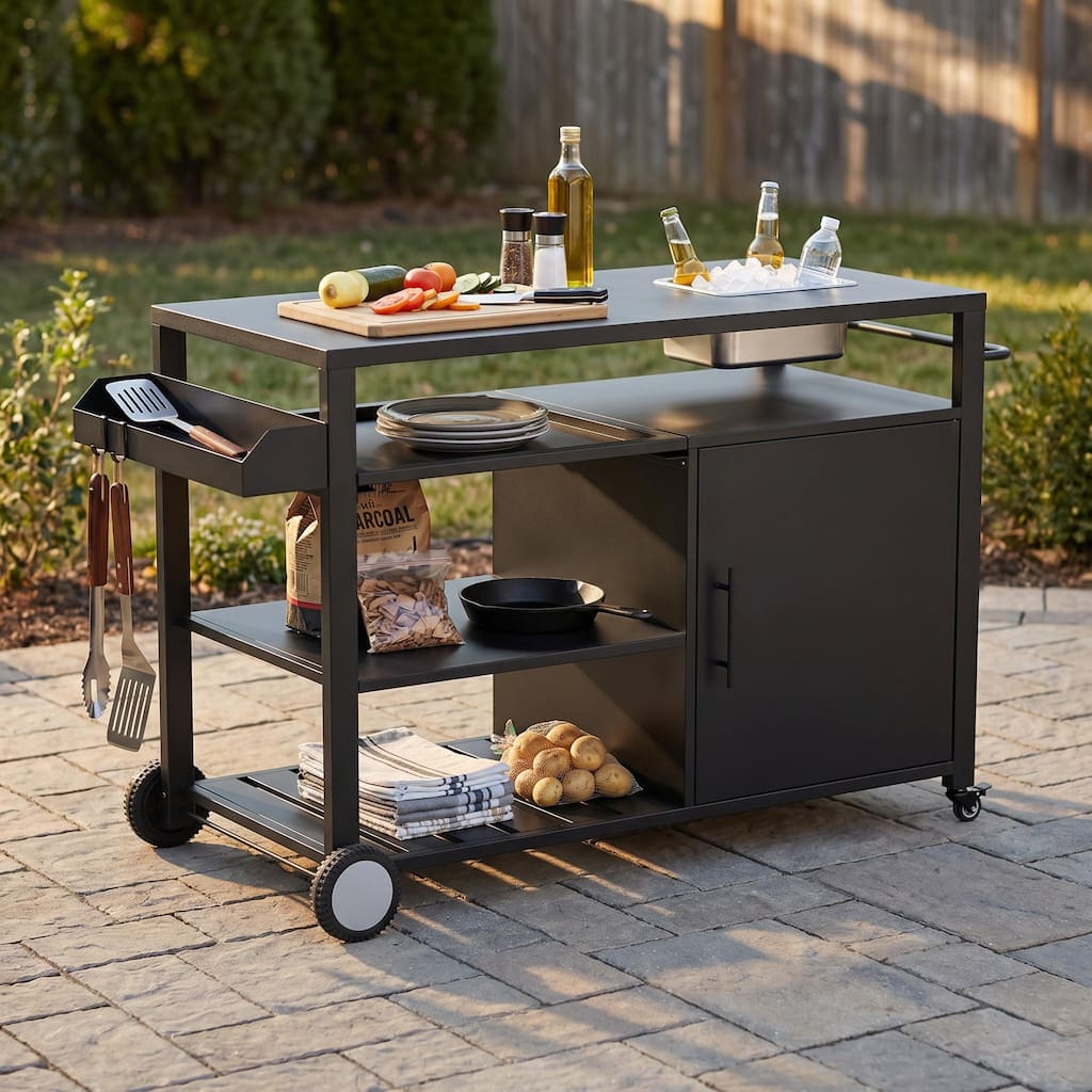 Outdoor Kitchen Cart with 304 Stainless Steel Ice Bin, BBQ Prep Table with Storage, Rolling Grill Cart Patio Bar Serving Station