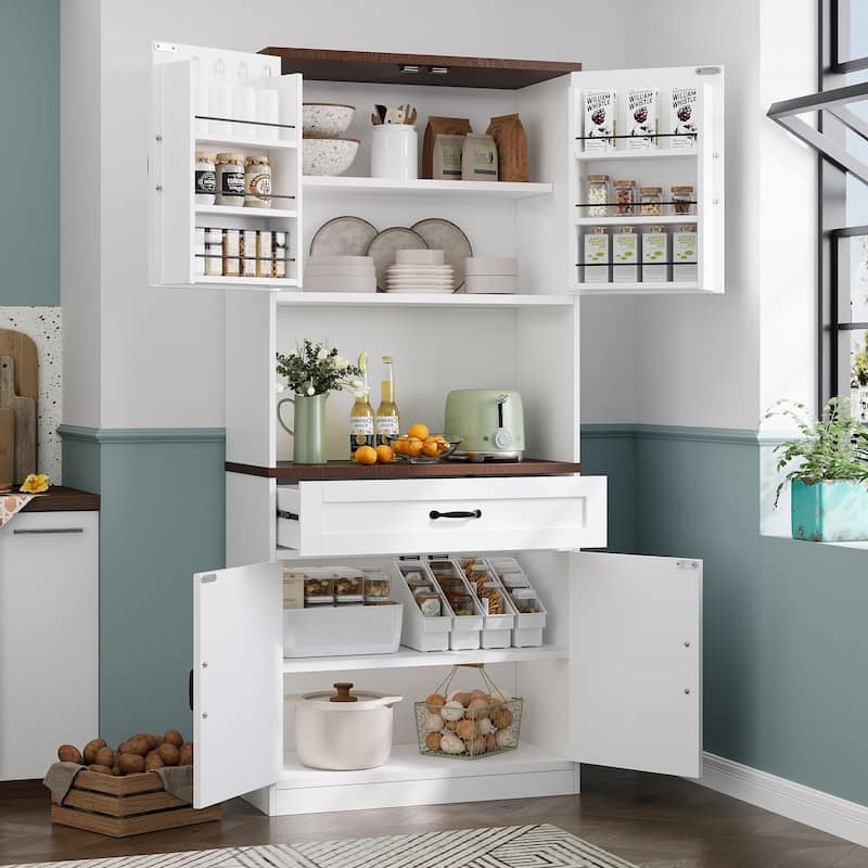 Gymojoy 70" Farmhouse Kitchen Pantry Cabinet With Operation Table & Power Outlet, Freestanding Cupboard