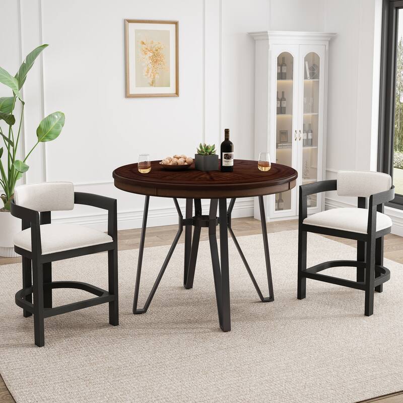 Netia 3-Piece Counter-Height Bar Set with Boucle Upholstered Chairs and Metal Table Base by Christopher Knight Home - Beige+Black+Brown