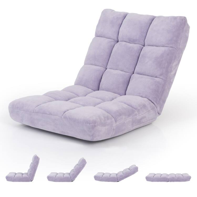 Coral Velvet Adjustable Floor Chair with 14-Position Backrest and Folding Design - 41.5" x 22.5" x 6" (L x W x H) - Light Purple