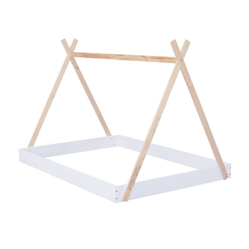 Full Size Tent Floor Bed with Triangle Structure and Safety Railings