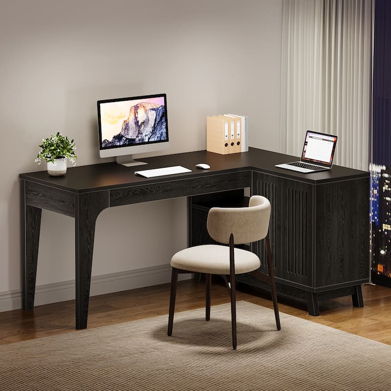 57'' Wood L-Shaped Corner Computer Desk Writing Table with Cabinet
