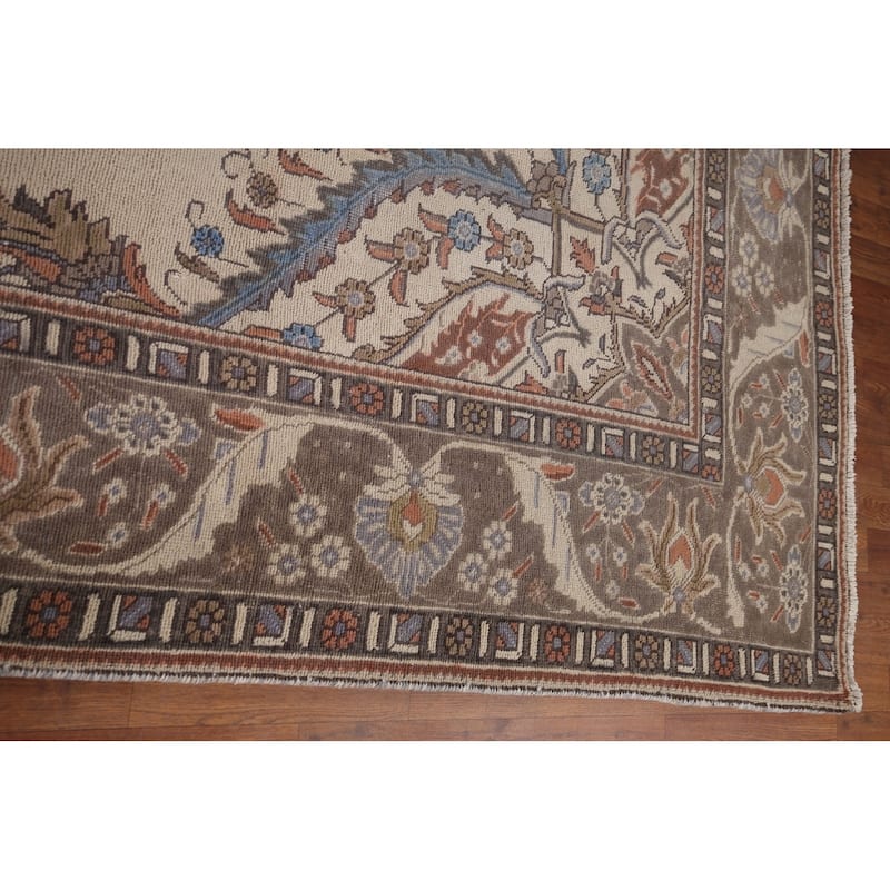 Beige Tabriz Vintage Persian Area Rug Handmade Wool Carpet - 9'6" x 12'7"