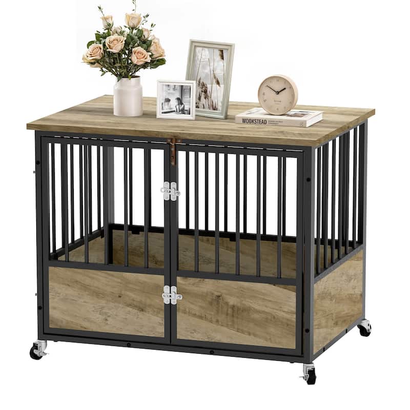 38"/43" Dog Crate Furniture Cage Table with Wheels And Double Doors - 38" - Grey
