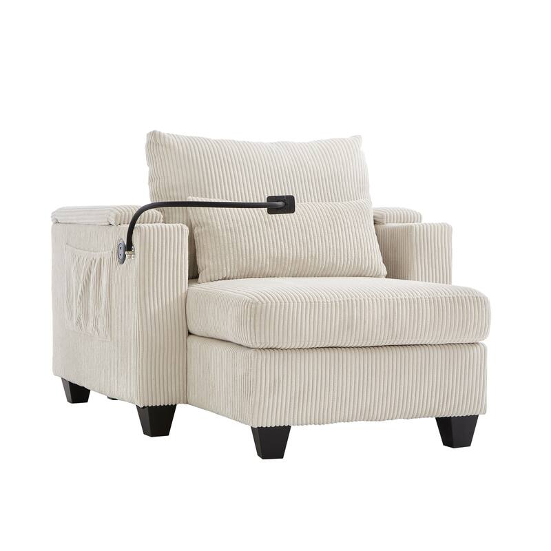 Convertible Sleeper Sofa Chaise Lounge with Movable Backrest, Corduroy Reading Chair with USB Ports, Cup Holders & Phone Holder