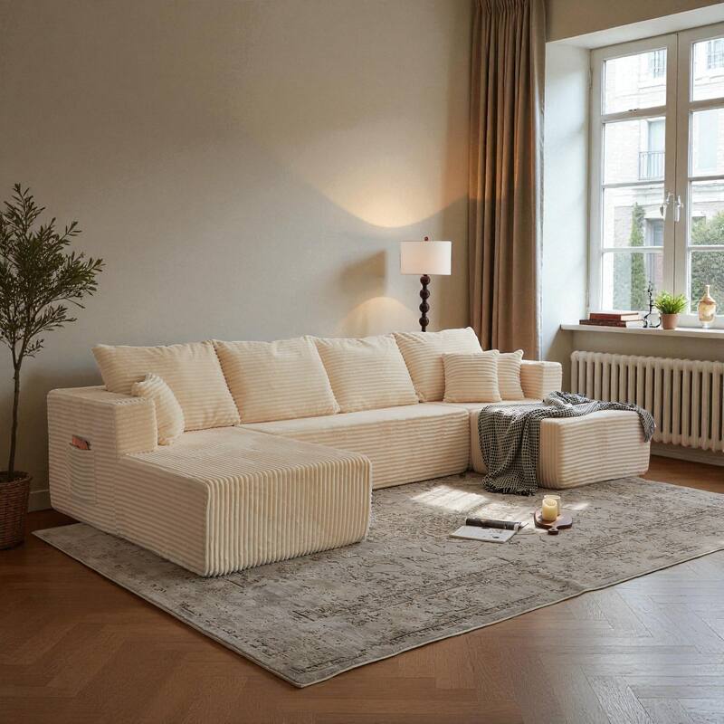 133.86" Cloud Modular U-Shaped Sectional Sofa with Ottoman, Deep-Seat Corded Fabric Couch for Living Room, No Assembly