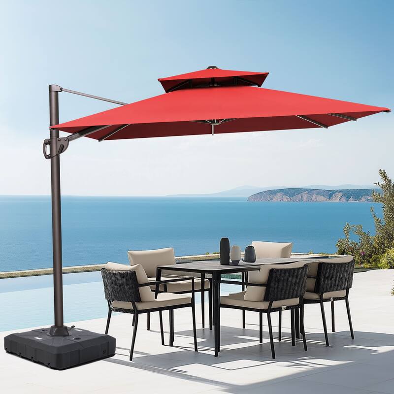 Outdoor Patio 9 FT x 12 FT Dual Top Umbrella Cantilever Offset with Base stand - Red