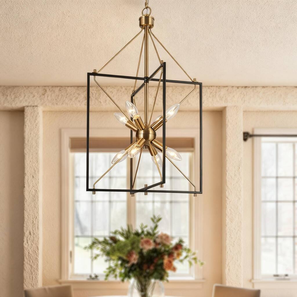 Modern 8-Light Black Gold Geometric Chandelier Metal Ceiling Square Pendant Lighting for Kitchen Island