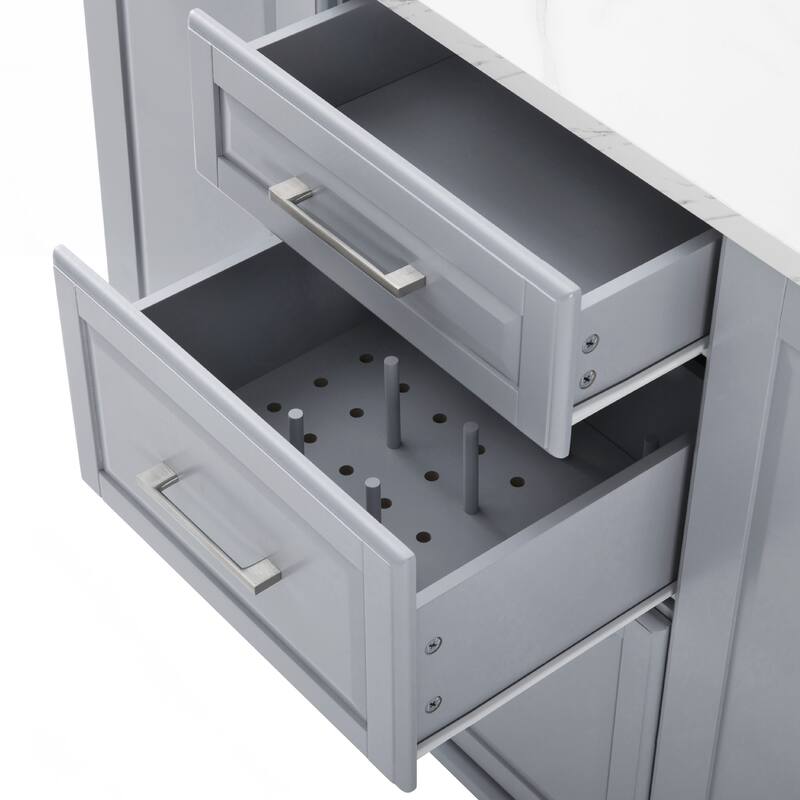 Kitchen Island with Storage Tilt Trash Can Cabinet and Pull Out Cabinet Organizer - Grey+Blue