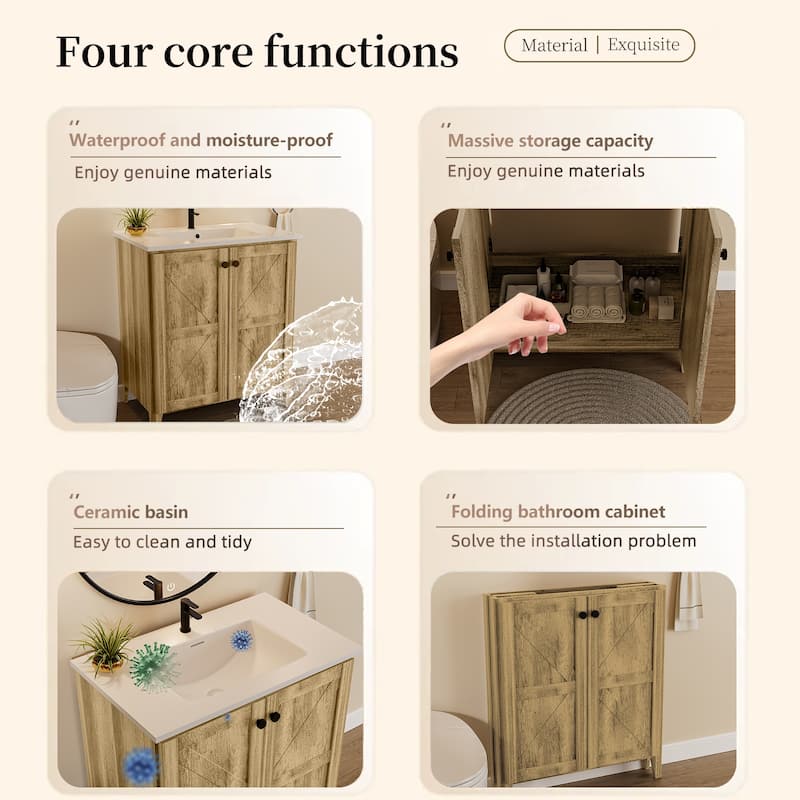 30 Inch Folding Bathroom Floor Cabinet with Ceramic Sink, 1-Minute Tool-Free Install, Space-Saving Freestanding Vanity