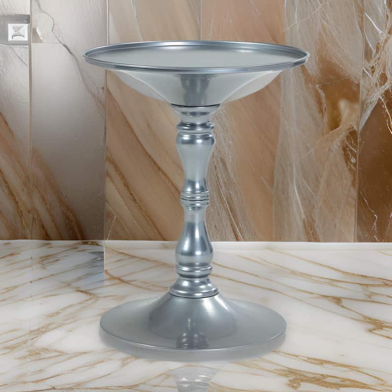Wowi 23 Inch Side End Table, Round Hourglass Turned Base, Silver Finish