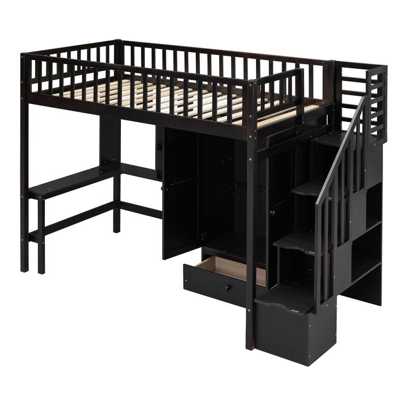 Twin Loft Bed with Bookshelf, Drawers, Desk, and Wardrobe in Espresso