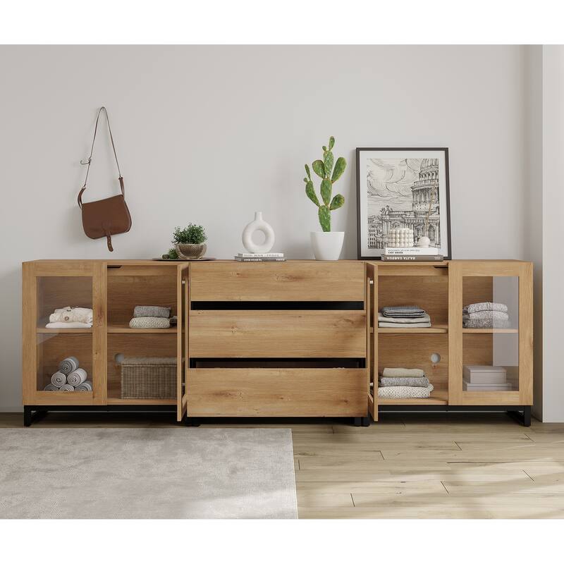 WAMPAT 3 in 1 Modern Dresser with Glass Doors and 3 Drawers, Chest of Drawers for Bedroom
