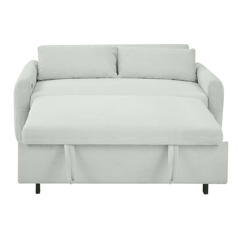 57.48" Corduroy Convertible Sofa Bed with Pull-Out Sleeper, Adjustable Backrest & USB