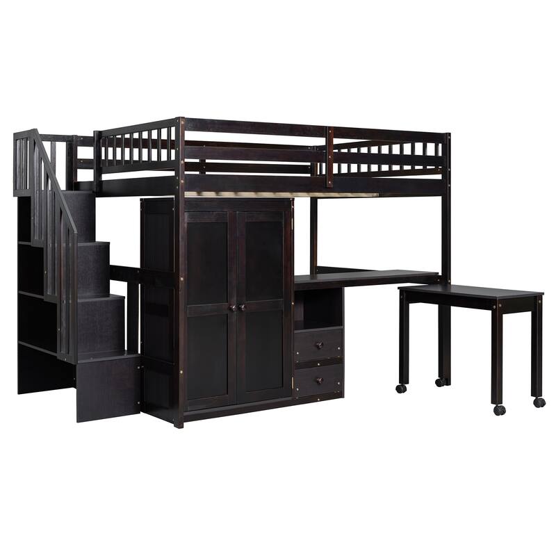 Multifunctional Full Size Loft Bed with Stairs, Bookshelf, Drawers, Desk & Wardrobe for Kids & Teens