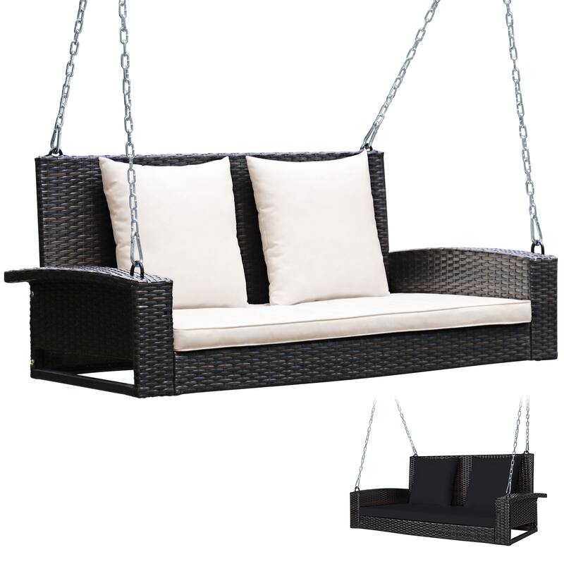 Costway 2-Person Patio Rattan Hanging Porch Swing Bench Chair Cushion