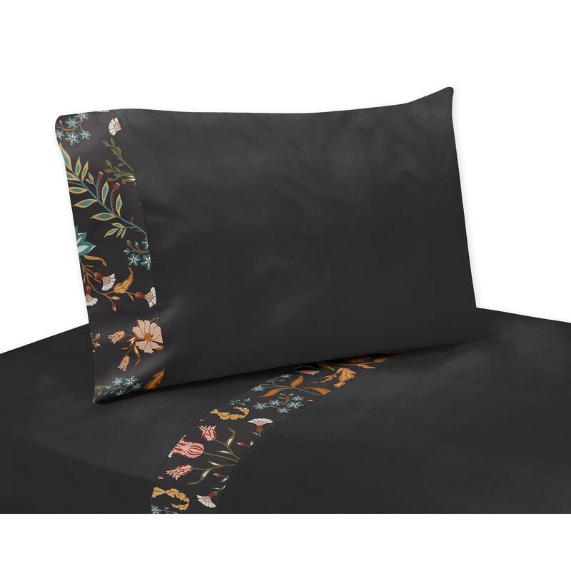 Sweet Jojo Designs Boho Wildflower Vintage Floral Girl 5p Toddler Comforter Set Black Orange Teal Bohemian Farmhouse Cottagecore