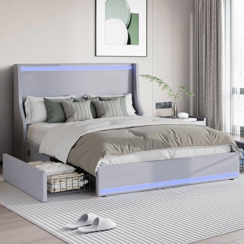 Javlergo Bed Frame with LED Lights and Charging Station Linen Fabric Bed with Drawers Wooden Slats - Grey - Queen