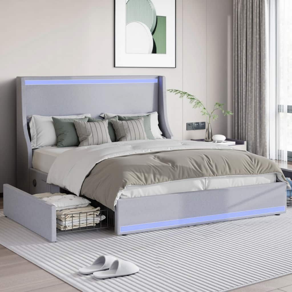 Javlergo Bed Frame with LED Lights and Charging Station, Linen Fabric Bed with Drawers, Wooden Slats
