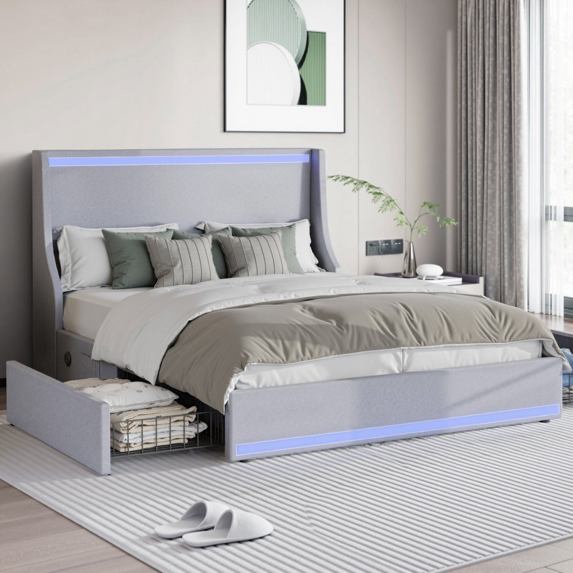 Javlergo Bed Frame with LED Lights and Charging Station Linen Fabric Bed with Drawers Wooden Slats
