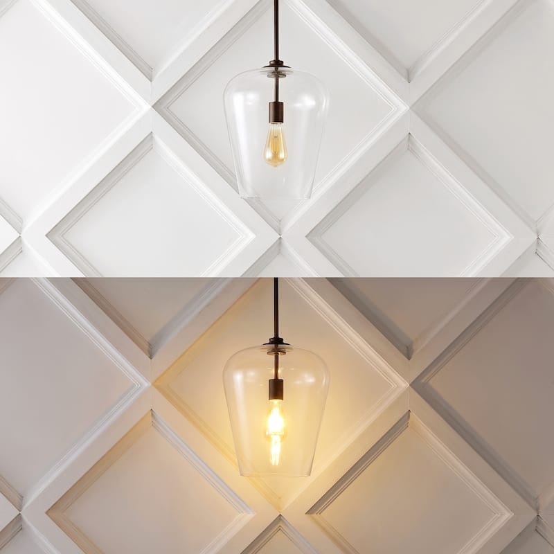 Ikon 11.25" 1-Light Industrial Farmhouse Iron/Glass LED Pendant, Oil Rubbed Bronze/Clear by JONATHAN Y