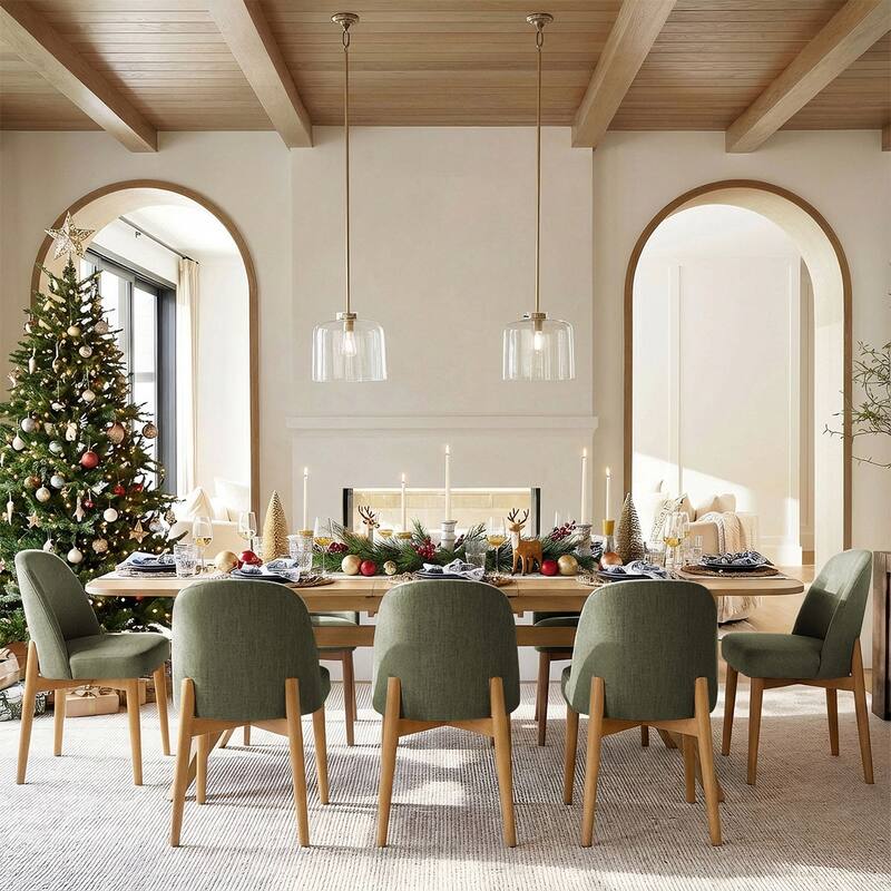Linen Upholstered Dining Chairs With Solid Wood Legs (Set of 8) - Green