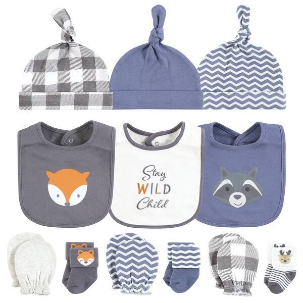 slide 1 of 1, Hudson Baby Infant Boy Caps or Headbands, Bibs, Mittens and Socks 12pc Set, Woodland, 0-6 Months - Woodland 0-6 Months - Woodland