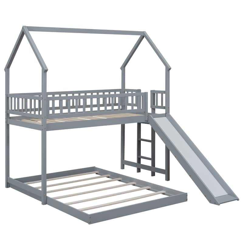 Grey Twin over Full House Bunk Bed with Slide & Ladder