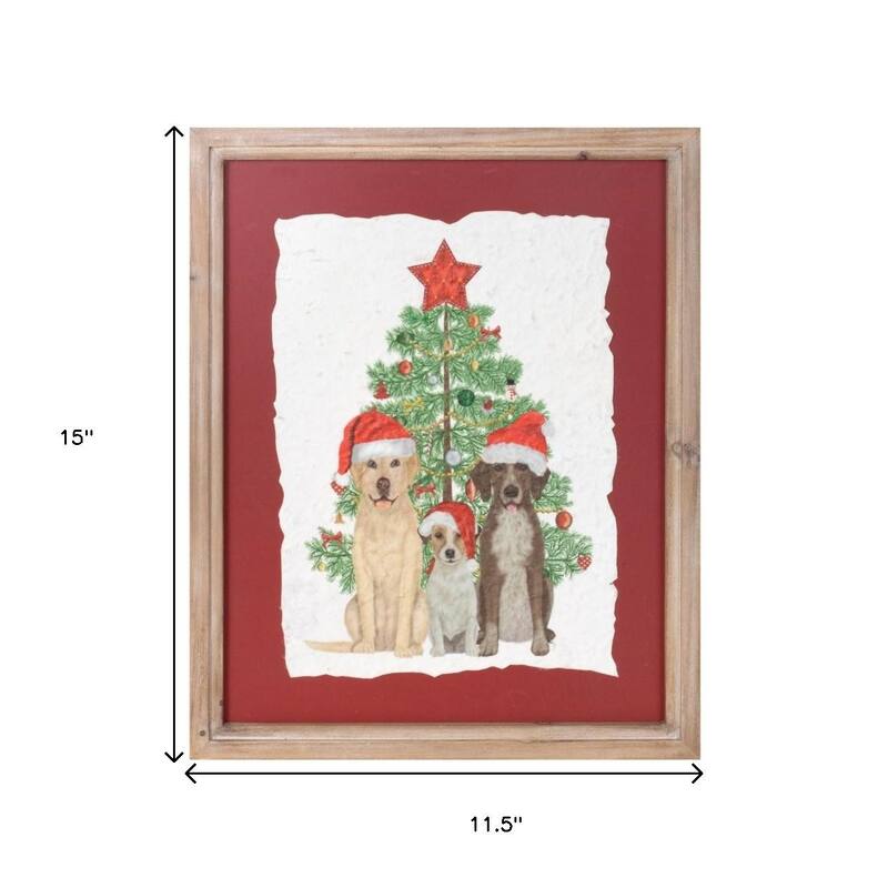 HomeRoots Holiday Dogs and Christmas Tree Brown Framed Wall Art