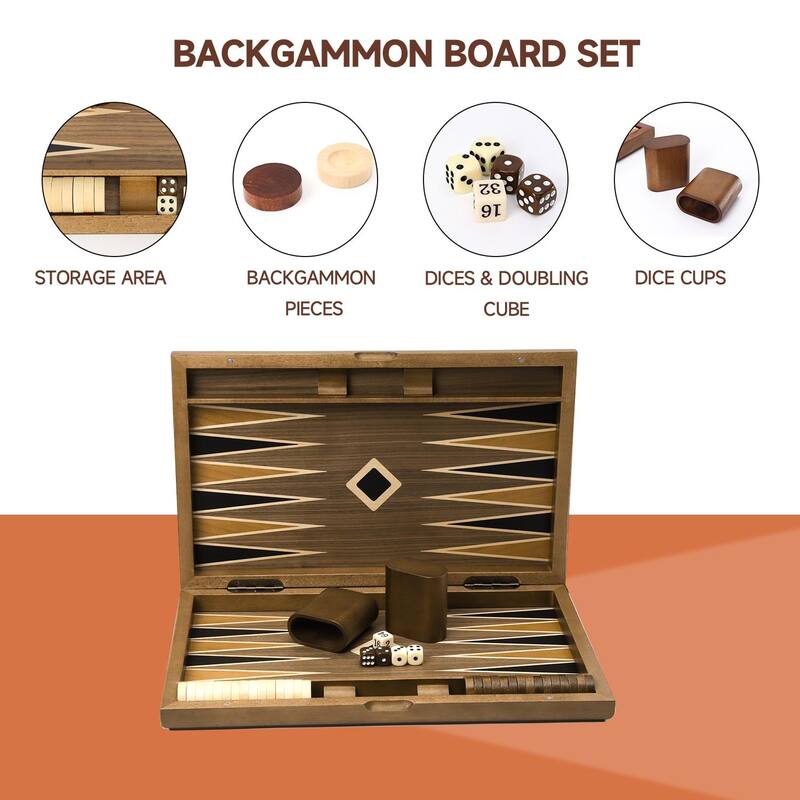 GSE™ 17" Premium Wooden Inlay Backgammon Board Game Set, Portable Folding Backgammon Board Game with Game Pieces - 17-Inch
