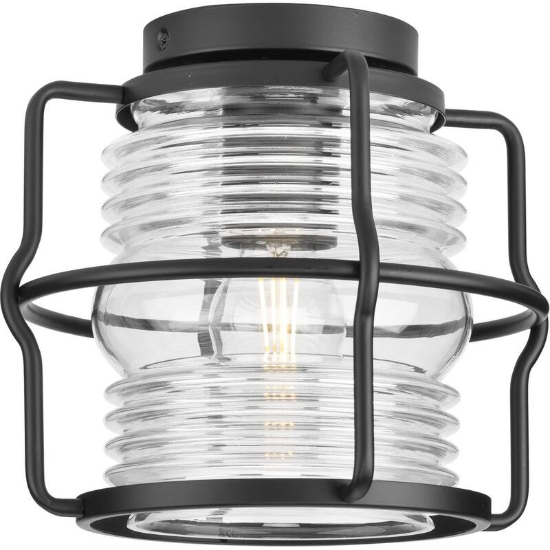 Keegan Collection One-Light Matte Black Clear Glass Coastal Outdoor Flush Mount Light - 9.75 in x 9.75 in x 8.65 in - 9.75 in x 9.75 in x 8.65 in