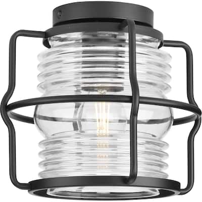 Keegan Collection One-Light Matte Black Clear Glass Coastal Outdoor Flush Mount Light - 9.75 in x 9.75 in x 8.65 in