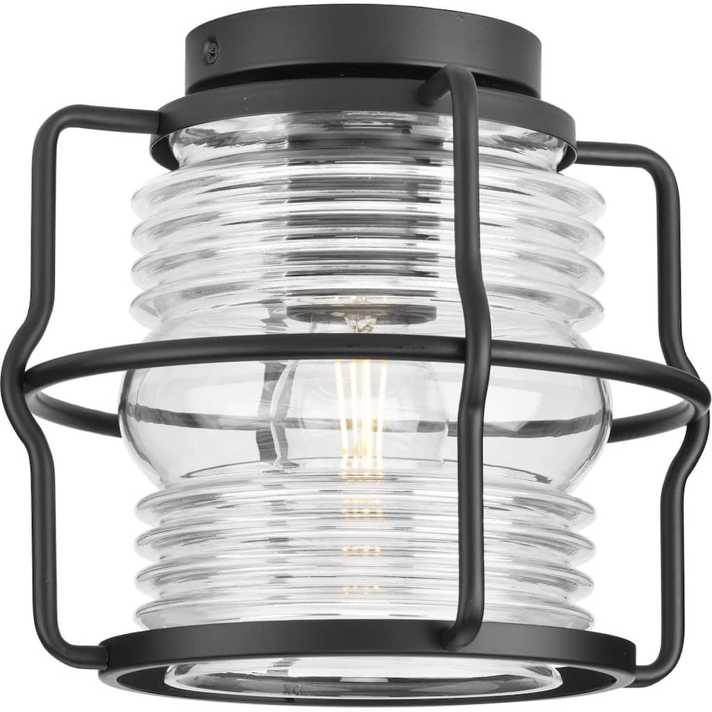 Keegan Collection One-Light Matte Black Clear Glass Coastal Outdoor Flush Mount Light - 9.75 in x 9.75 in x 8.65 in