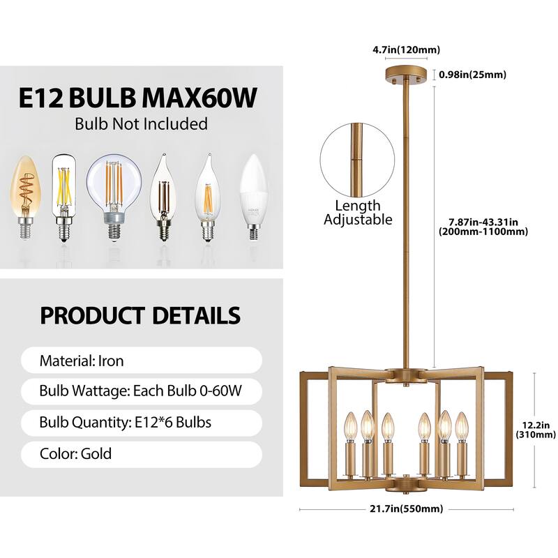 22" Modern Geometric 6-Light Chandelier - Industrial Metal Pendant Light Fixture for Living Room,(Bulb Not Included)