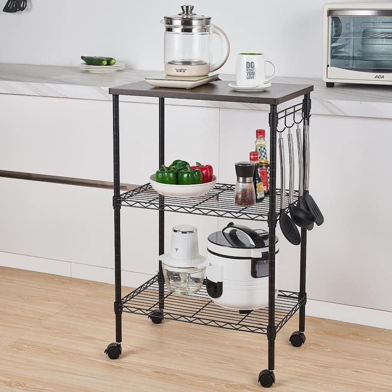 Metal Storage 3-Tier Rolling Kitchen Utility Cart - Black
