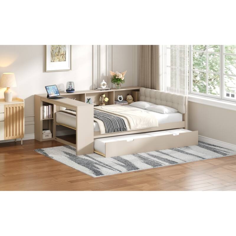 Roomfitters Twin/Full Wood Platform Bed with Trundle, Charging Station and Upholstered Headboard
