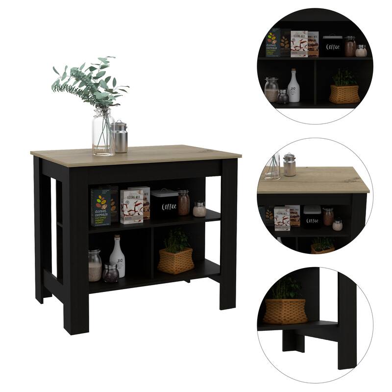 Cala Kitchen Island, Four Legs, Three Shelves -Black / Light Oak