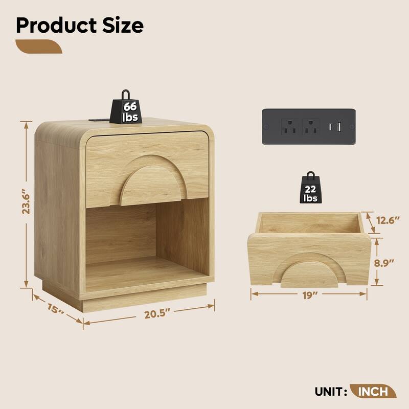 Bestier Nightstand with Charging Station, Modern LED End Table Bedside Table with Drawer & Open Shelf for Bedroom & Living Room