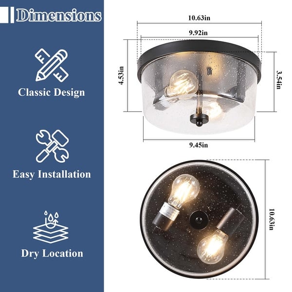 dimension image slide 0 of 4, 2-Light Black Farmhouse Flush Mount Ceiling Light-2 Pack