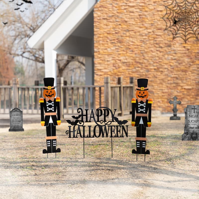 Glitzhome 32"H Nutcracker & Happy Halloween Yard Stake Set of 3