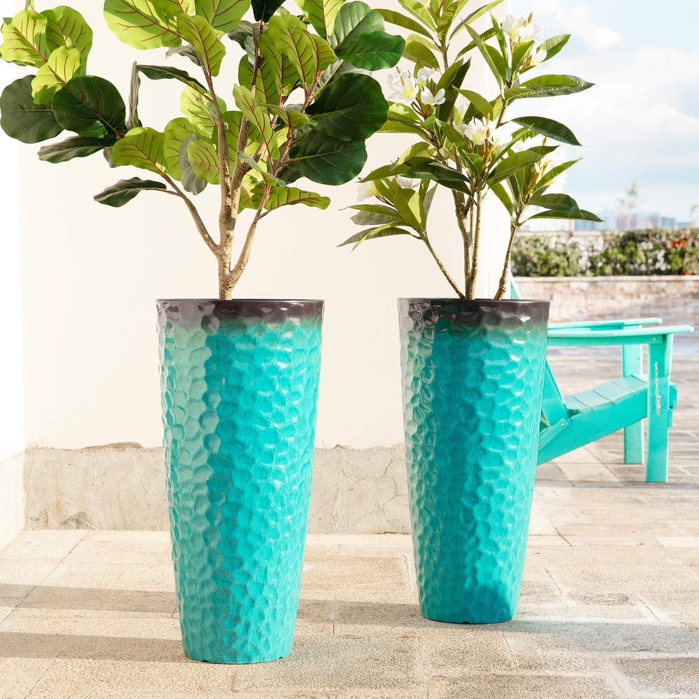 Glitzhome 31"H Set of 2 Oversized Eco-Friendly PP and Stone Honeycomb Textured Red Tall Plastic Planter